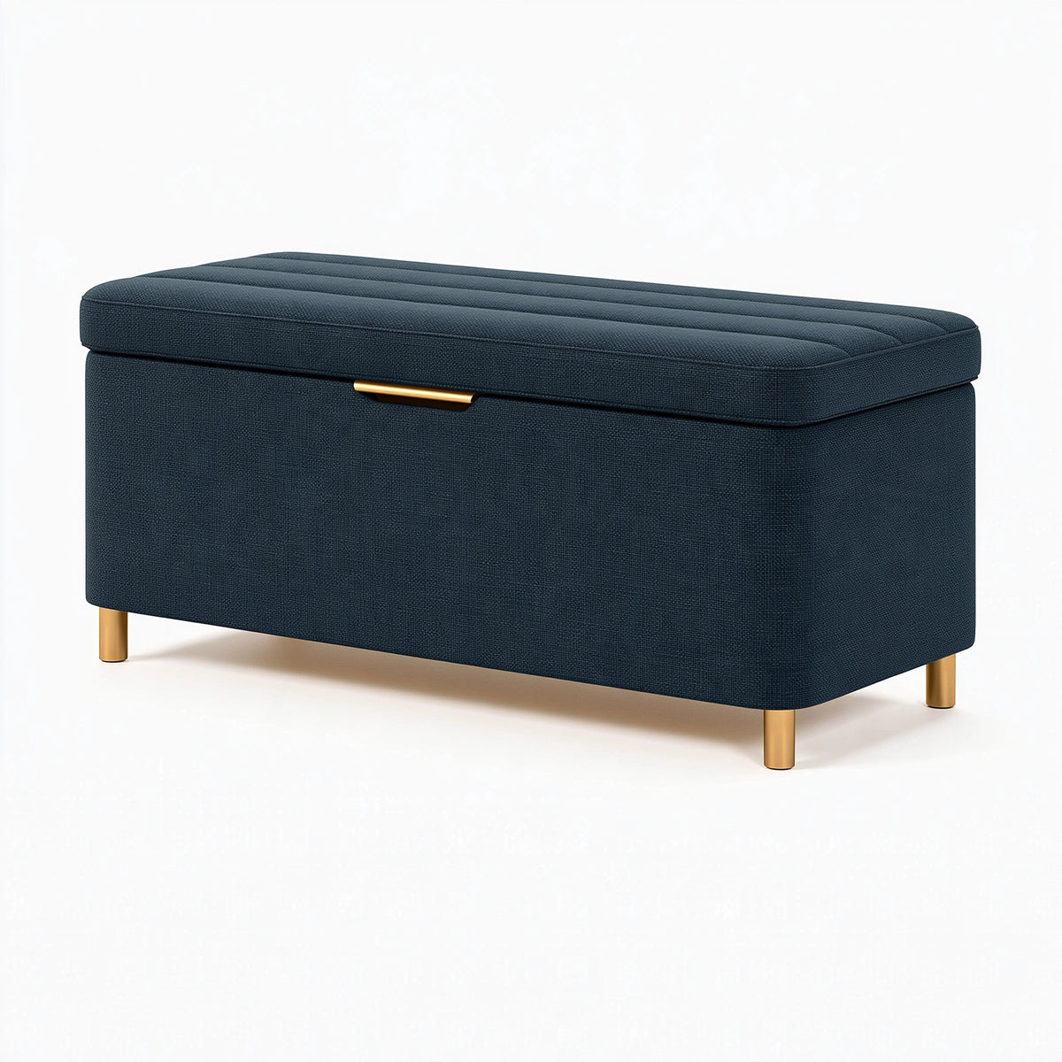 Banc coffre de rangement 120 x 45 x 50 cm en tissu bleu foncé avec pieds métalliques dorés