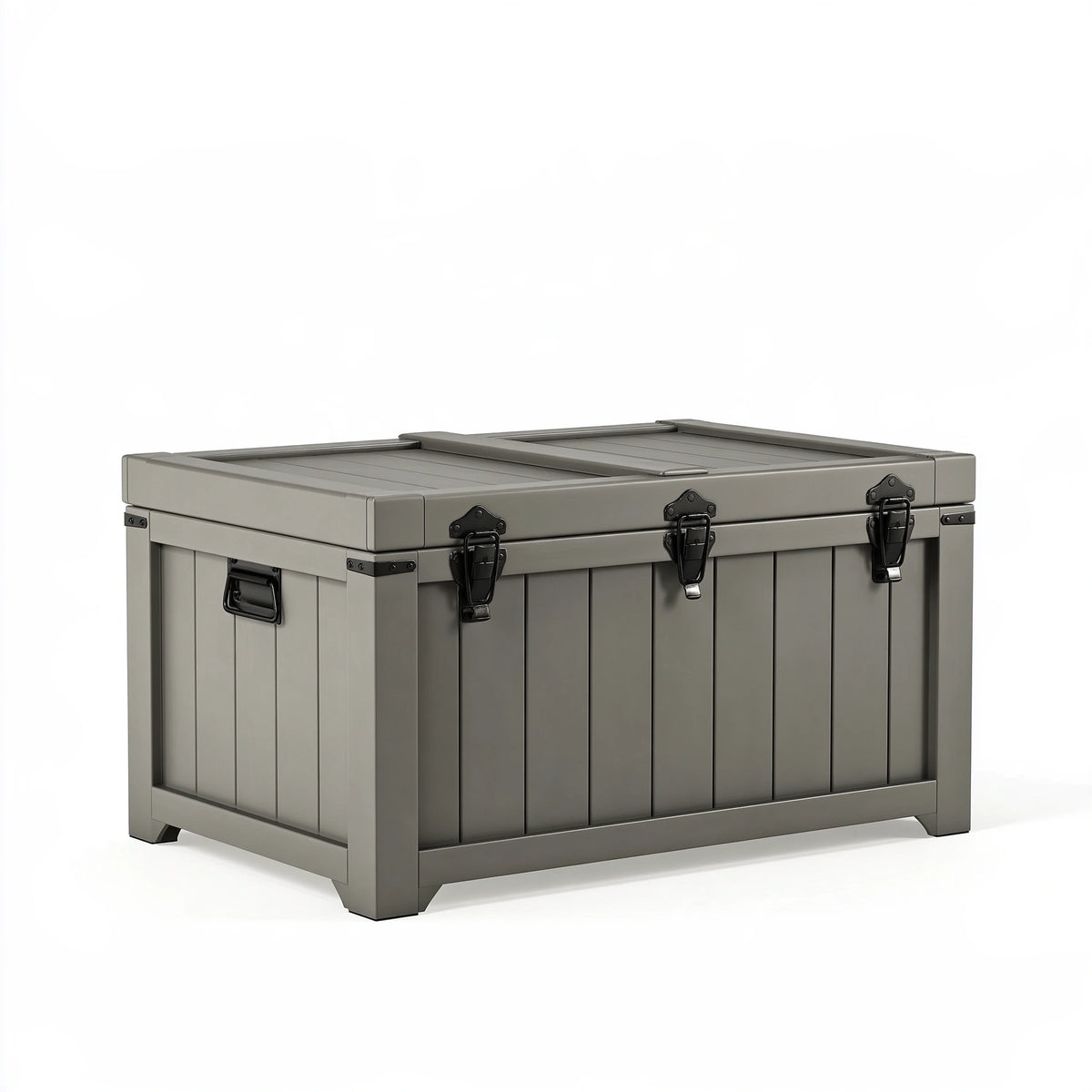Coffre de rangement 120 x 60 x 65 cm en bois gris avec fermetures métalliques style industriel