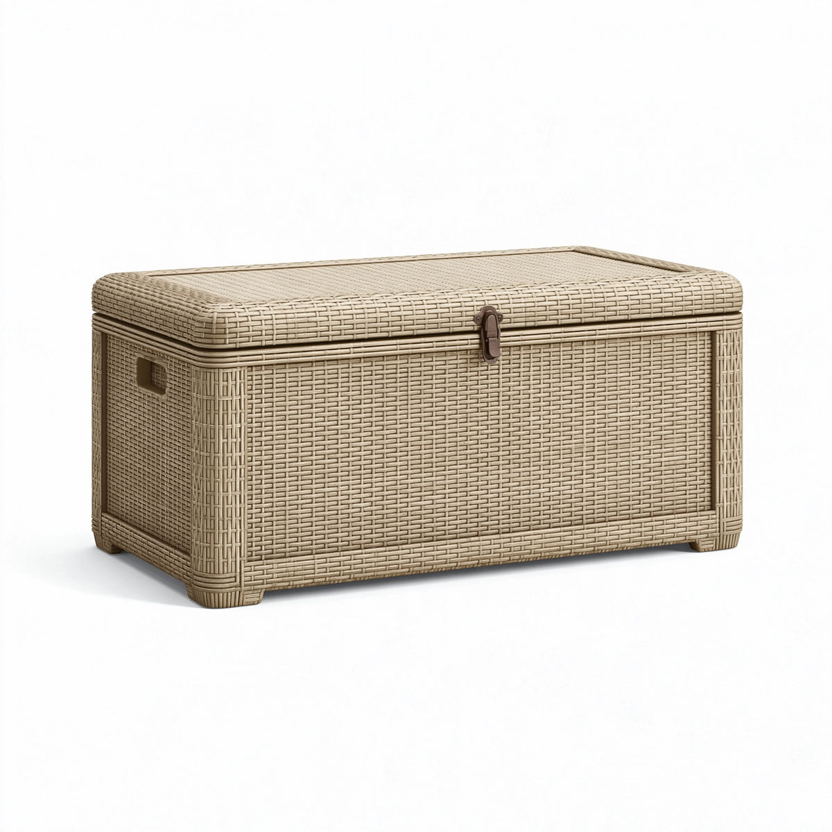 Coffre de rangement 120 x 50 x 60 cm en résine tressée beige avec couvercle style naturel