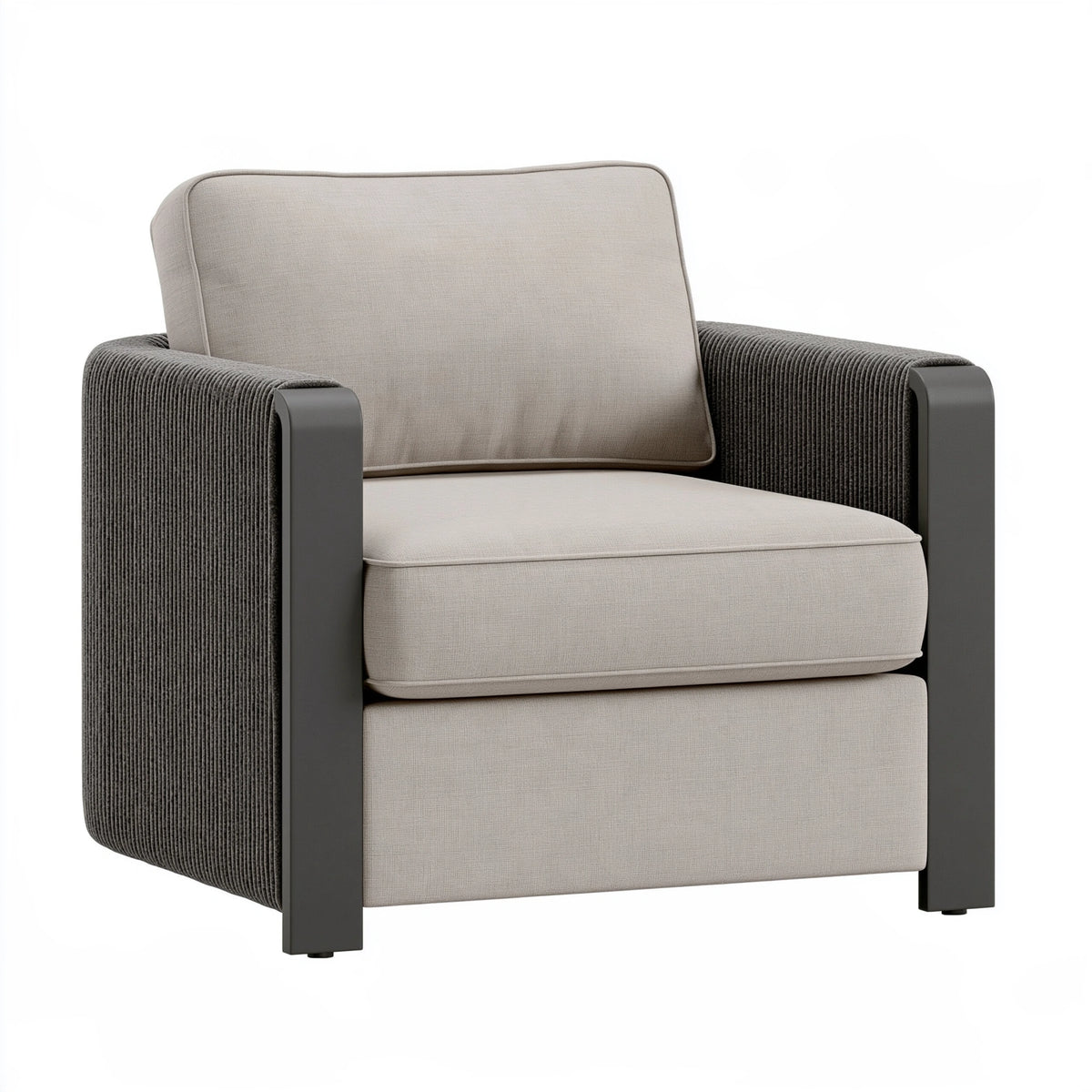 Fauteuil 80 x 85 x 85 cm en tissu beige et gris avec accoudoirs métal style contemporain