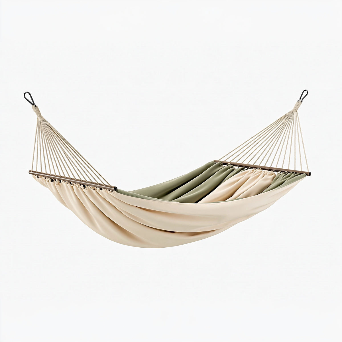 Hamac 300 x 100 cm en textile crème et vert olive avec barres en bois pour jardin