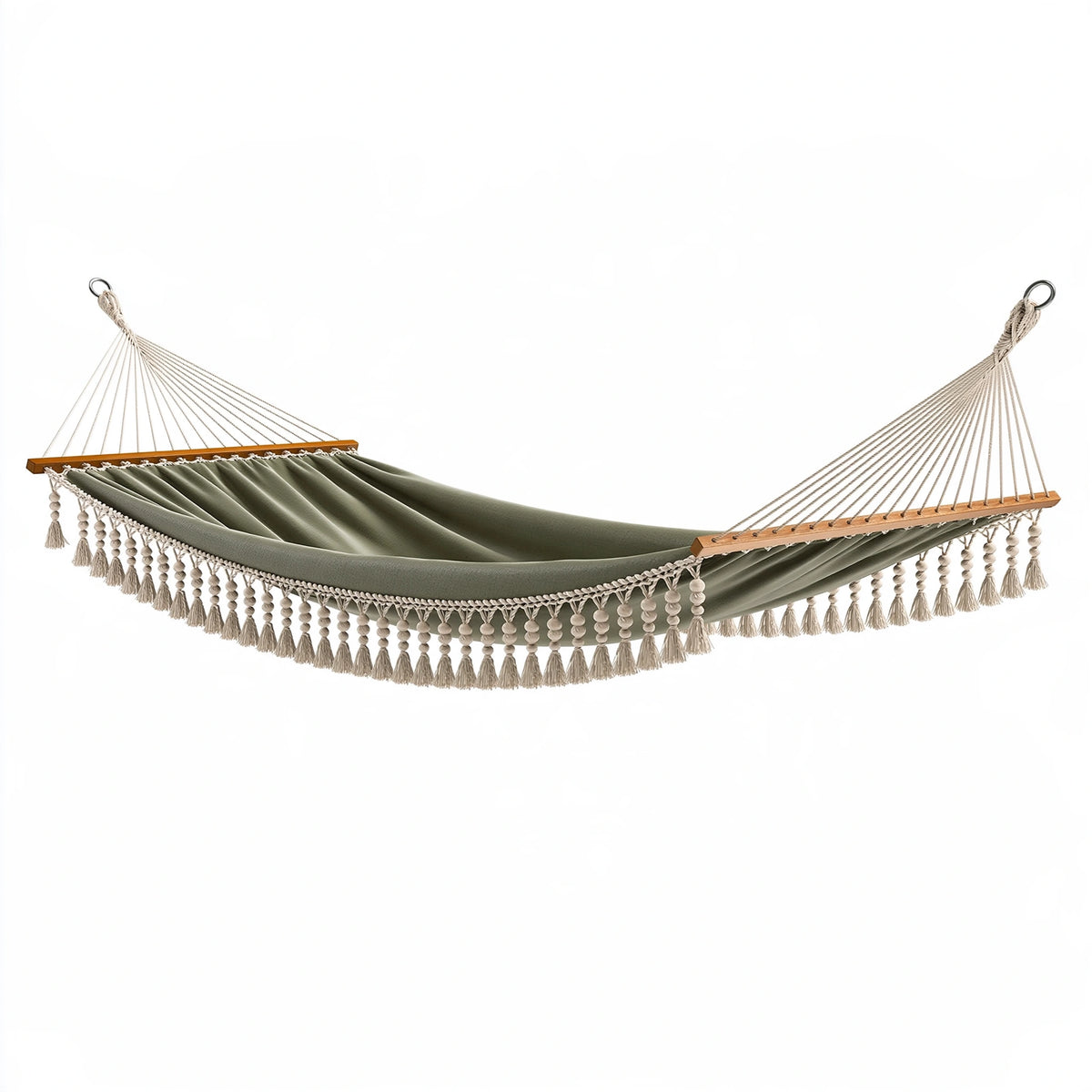 Hamac 300 x 100 x 120 cm en tissu vert kaki avec barres en bois style bohème