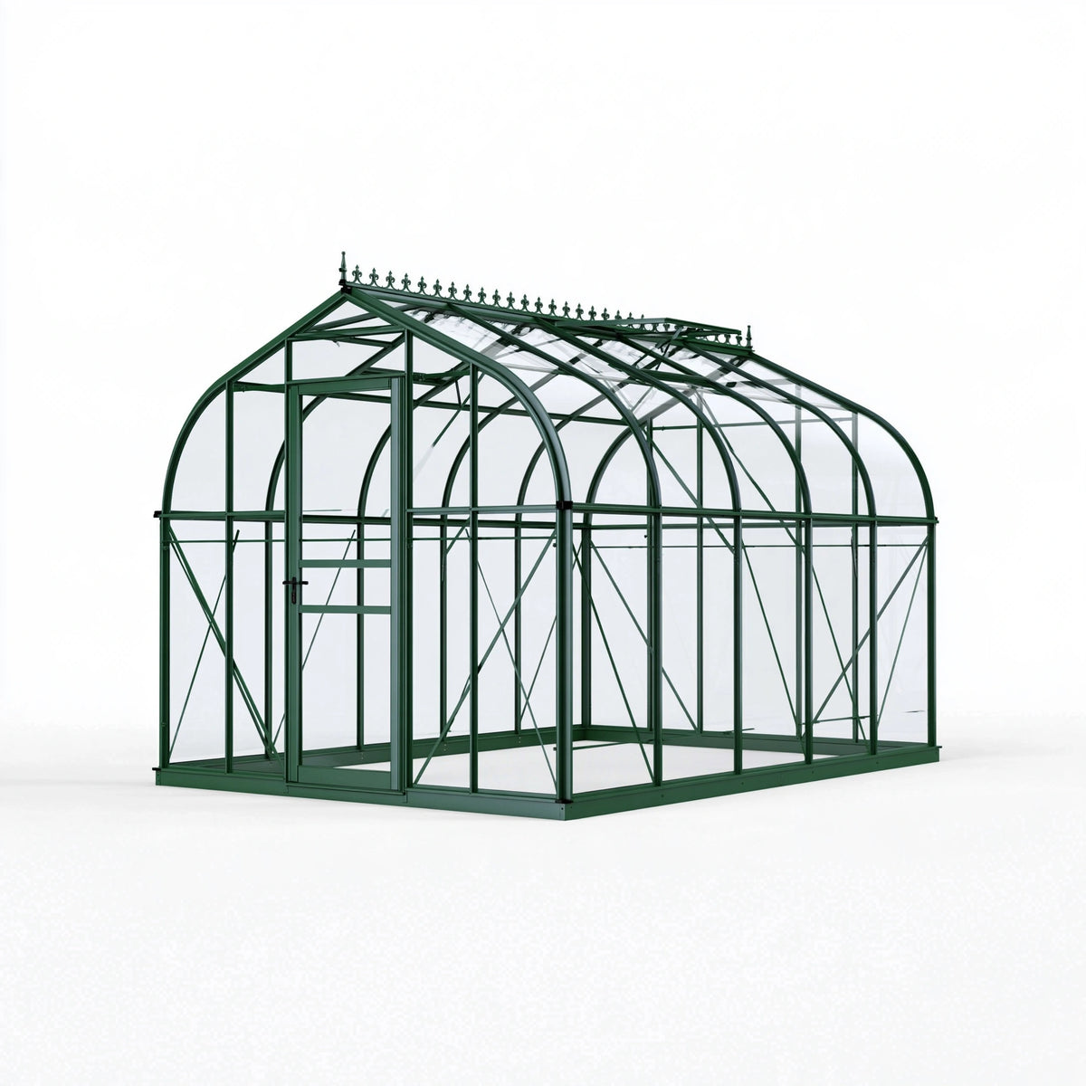 Serre de jardin 400 x 300 x 250 cm en métal vert et verre - toiture arquée décorative