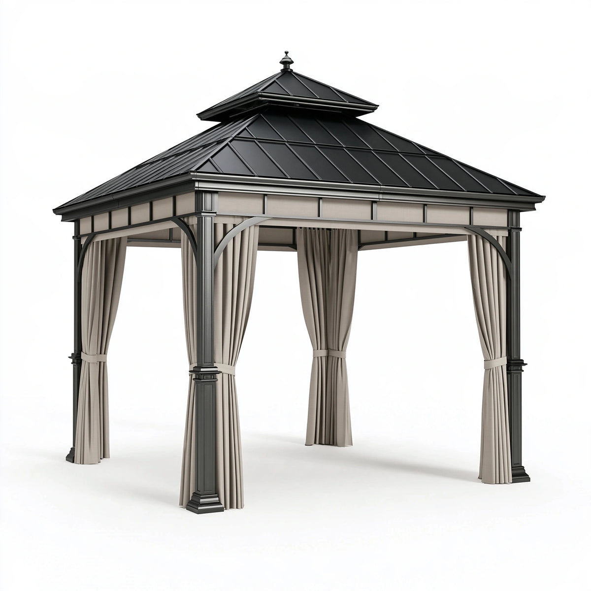 Tonnelle de jardin 300 x 300 cm en métal noir avec rideaux beiges style pavillon