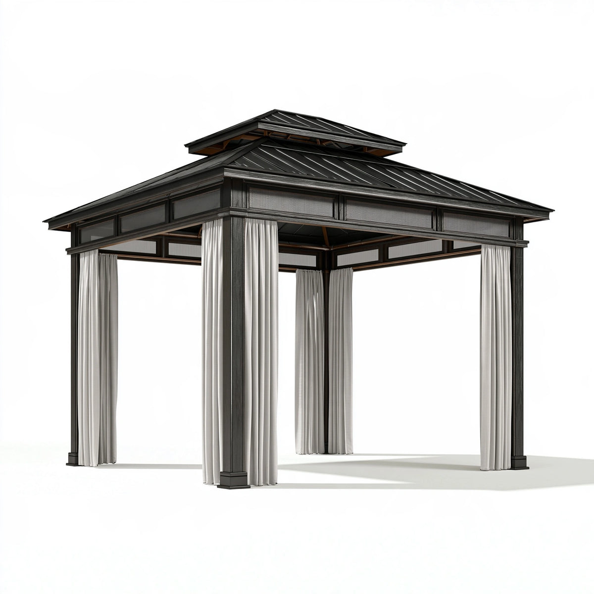 Tonnelle de jardin 300 x 300 cm en métal noir avec rideaux style pavillon