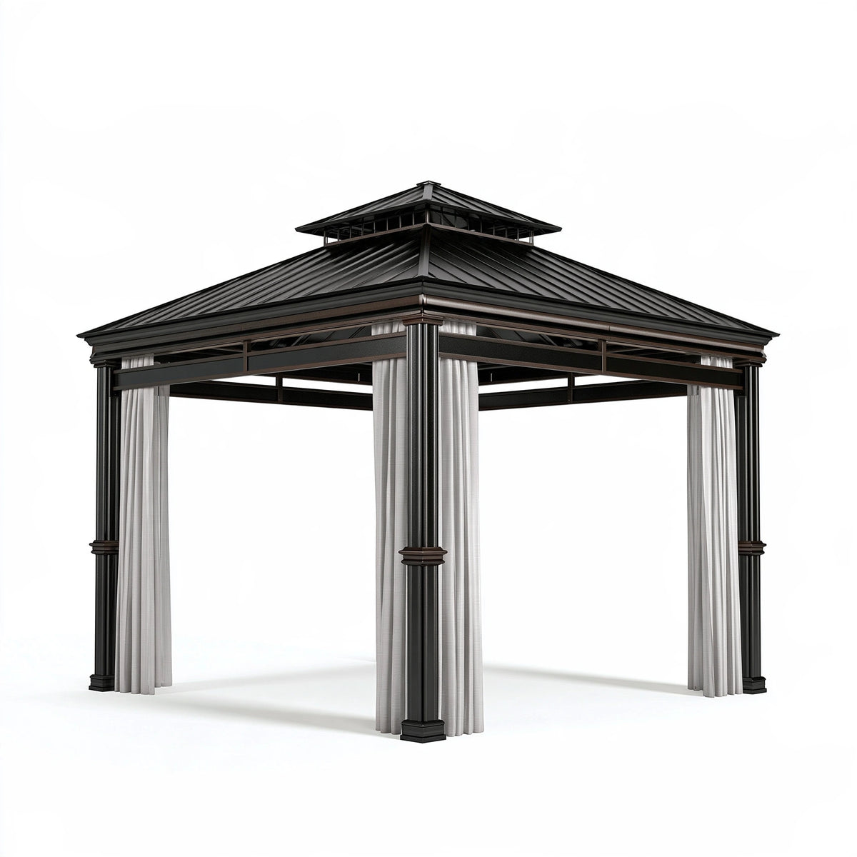 Tonnelle de jardin 300 x 300 cm en métal noir avec rideaux style classique ventilée