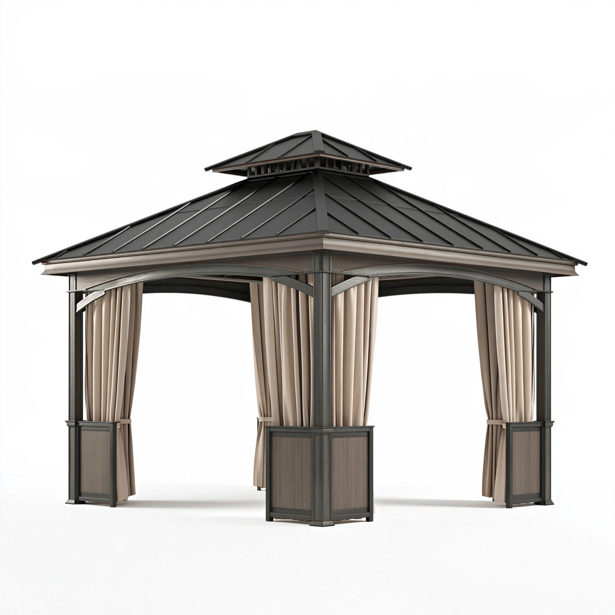 Tonnelle de jardin 300 x 300 x 300 cm en acier anthracite avec rideaux style pavillon