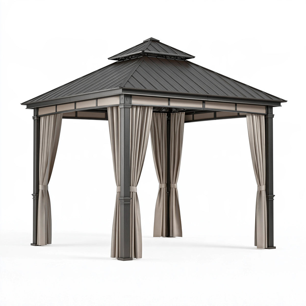 Tonnelle de jardin 300 x 300 cm en acier gris avec rideaux toit ventilé