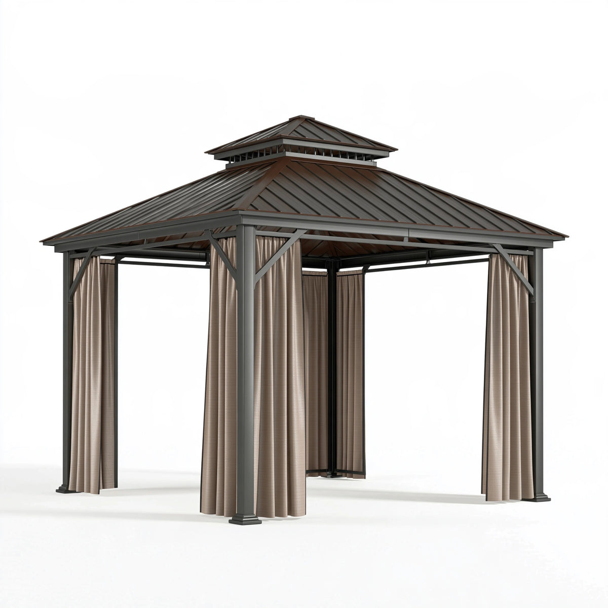 Tonnelle de jardin 300 x 300 x 300 cm en acier gris anthracite avec rideaux et toit ventilé