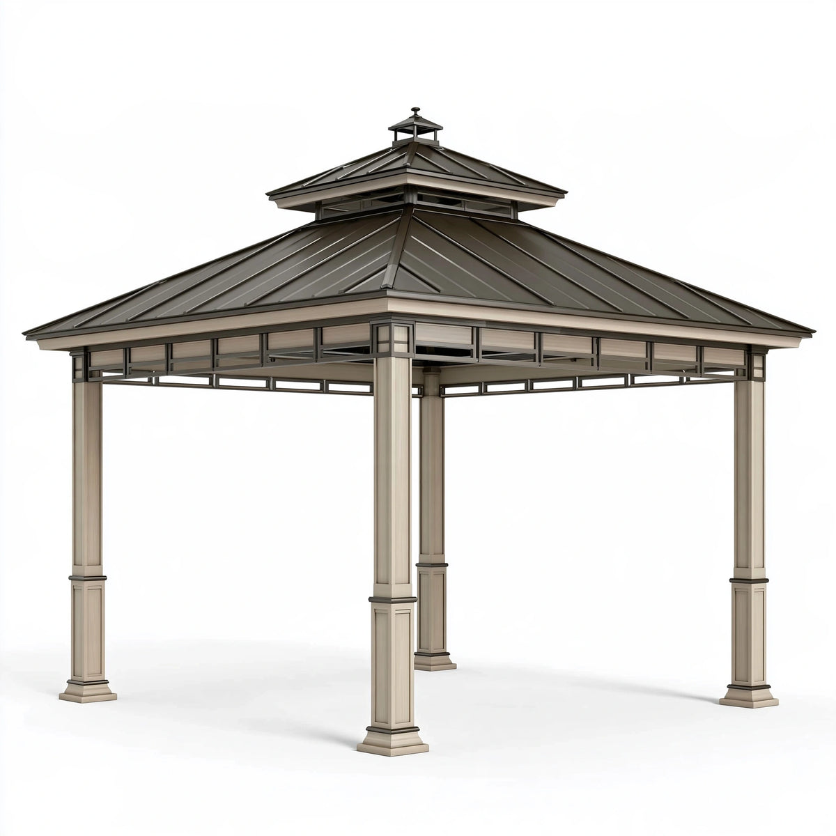 Tonnelle de jardin 400 x 400 cm en métal beige et gris anthracite - toit rigide ventilé
