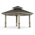 Pavillon de jardin 400 x 400 x 320 cm en aluminium beige avec toit métallique gris anthracite - abri extérieur à double toiture