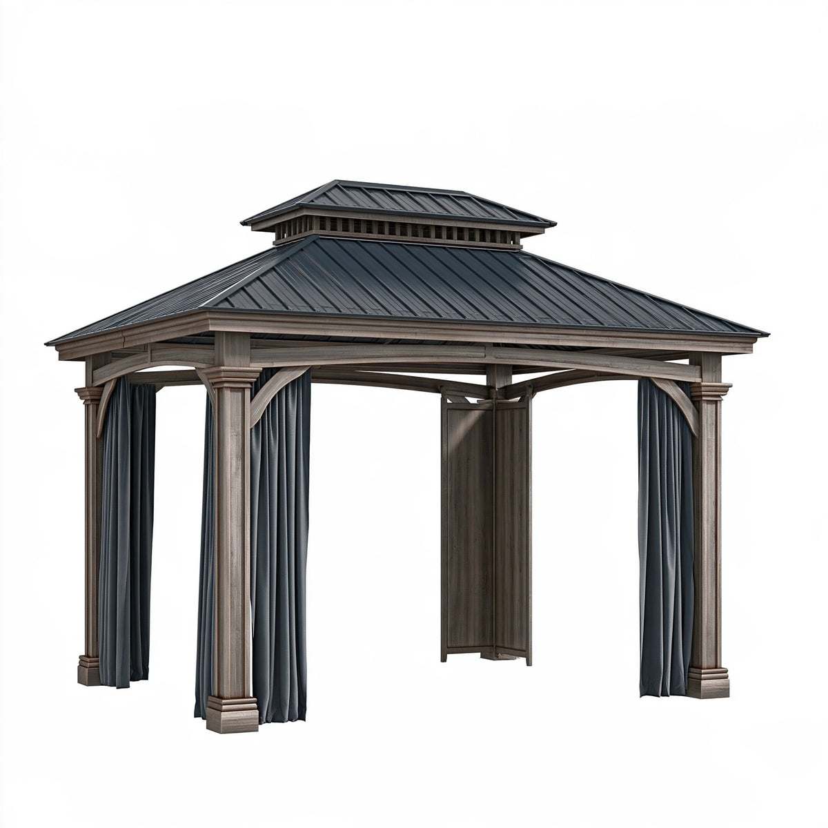 Pavillon de jardin 400 x 400 x 320 cm bois gris anthracite avec rideaux toit métallique