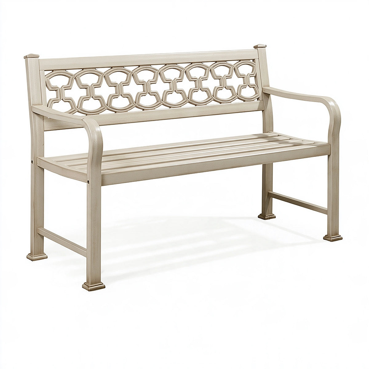Banc de jardin 120 x 60 x 90 cm en métal beige style classique à accoudoirs