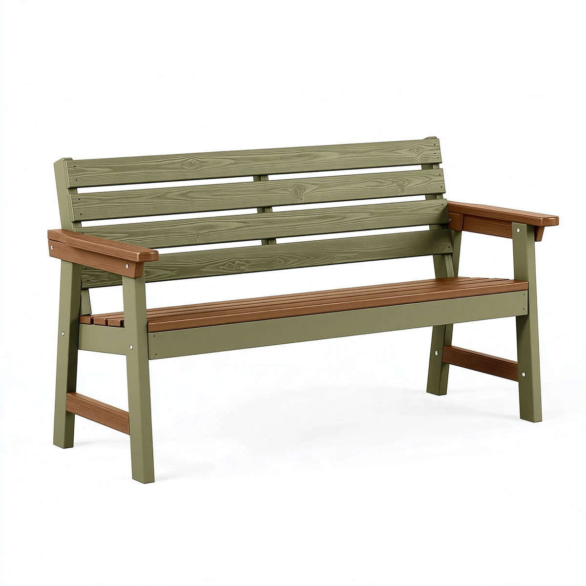 Banc de jardin 122 x 65 x 92 cm en plastique vert et marron avec accoudoirs style classique